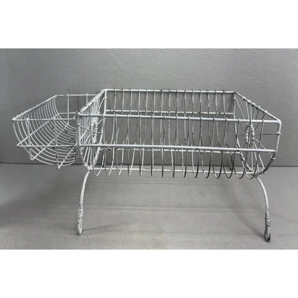 French Style Dish Rack White Wire Metal Farmhouse Counter Drying Rack VTG - Picture 1 of 13